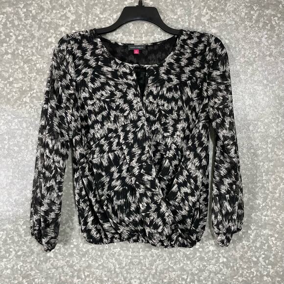 Vince Camuto Black & White Abstract Faux Wrap Blouse - Size XS - Peasant Top - Picture 1 of 7